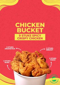 Een royale bucket vol krokante fried chicken, perfect voor gedeelde momenten, geserveerd met een bijgerecht naar keuze.