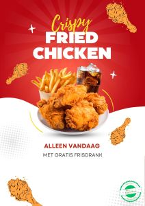 Knapperige fried chicken geserveerd met verse frietjes en een drankje naar keuze.