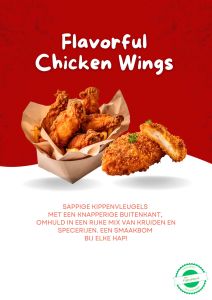Perfect gekruide en knapperige chicken wings, geserveerd met een frisse dip en een bijgerecht naar keuze.