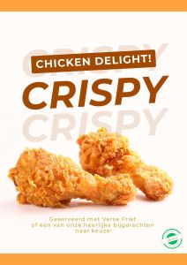 Knapperige fried chicken geserveerd met verse frietjes en een bijgerecht naar keuze.