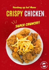 Knapperige fried chicken met een extra dikke en krokante coating, perfect geserveerd met een saus naar keuze.