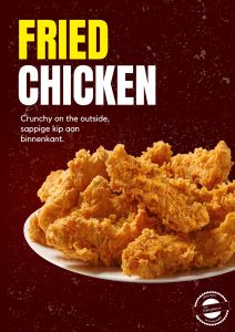 Heerlijke fried chicken, krokant van buiten en mals van binnen, geserveerd met een bijgerecht naar keuze.