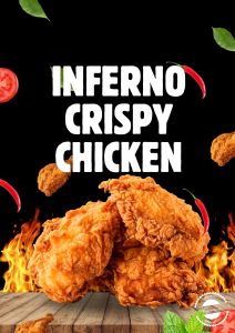 Knapperige fried chicken met een vurige kruidenmix, geserveerd met een frisse dip.
